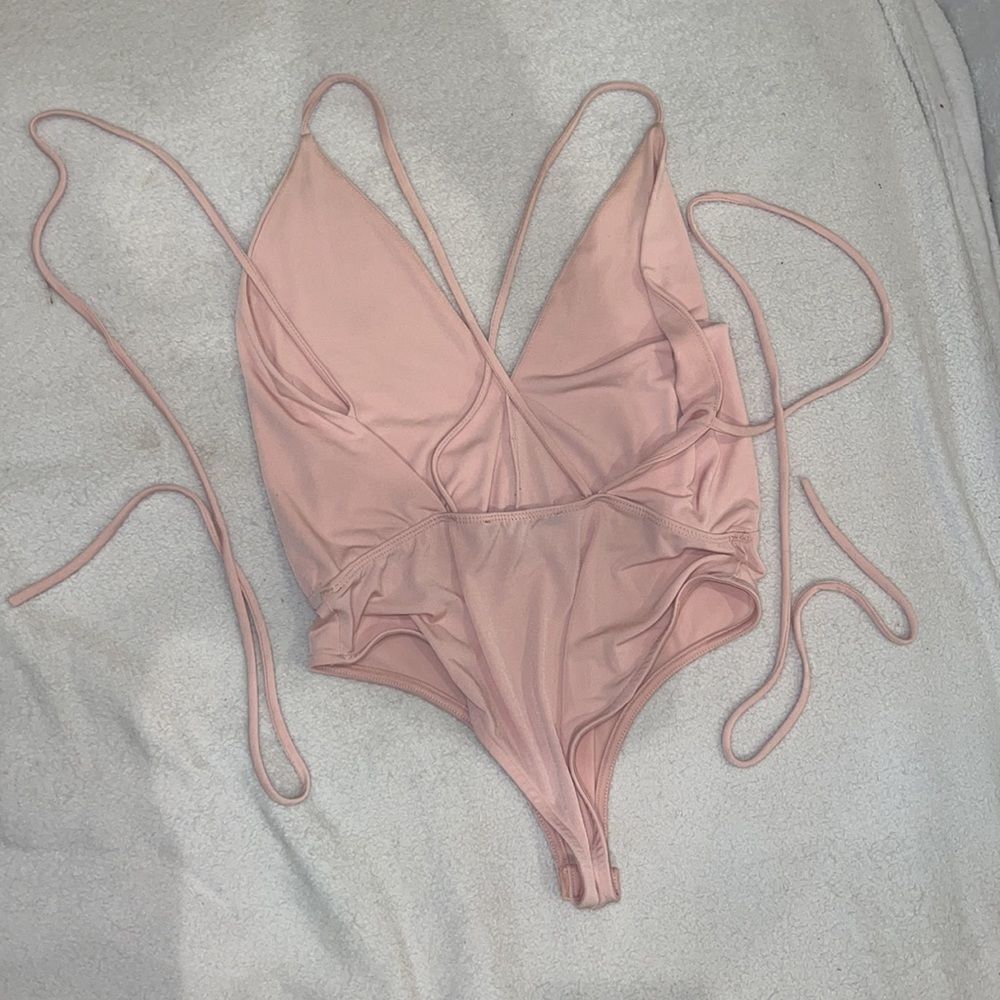Baby pink wrap around tie around tank body suit open back womens size S